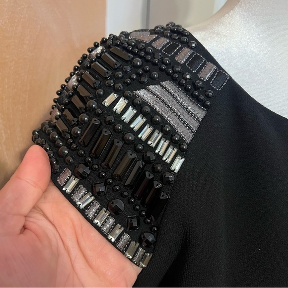 #159 Tahari Arthur S. Levine Black Beaded Cap Sleeve Sheath Dress Size 14 - Picture 5 of 9